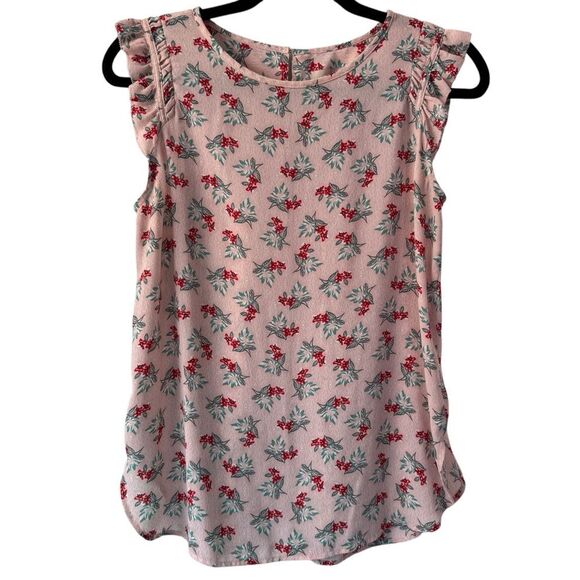 LOFT Petite Small Spring Leaf Flutter Shell Floral Blouse - Pink Red Green - Picture 1 of 7